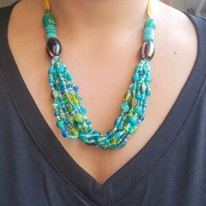 Vintage Silver Peach Blue Beaded Bib Statement Necklace